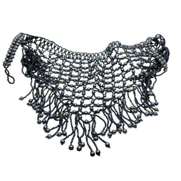 Gray pearls peacock beads mesh bib necklace - Picture 1 of 6
